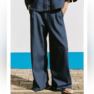 Zara Pleated Wide-Leg Cotton and Linen Blue Pants Size 4